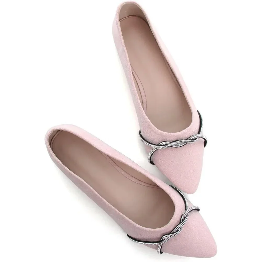 Women's Light Pink Casual Flats Fashion Chain Pointed Toe Ballet Flat Rhinestone